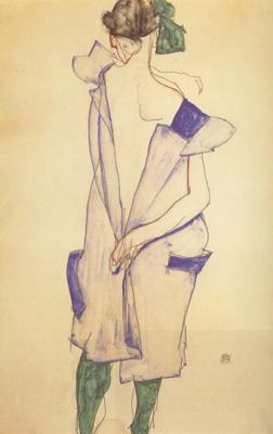 Egon Schiele Standing Girl in Blue Dress and Green Stockings.Back Viwe (mk12) China oil painting art